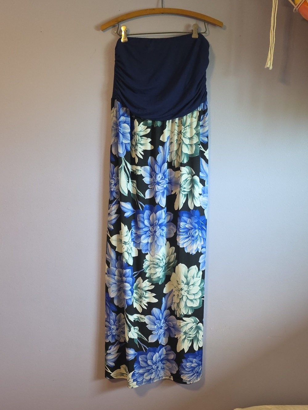 HEIMISH USA Navy Strapless Maxi Dress with Blue and Cream Floral Print